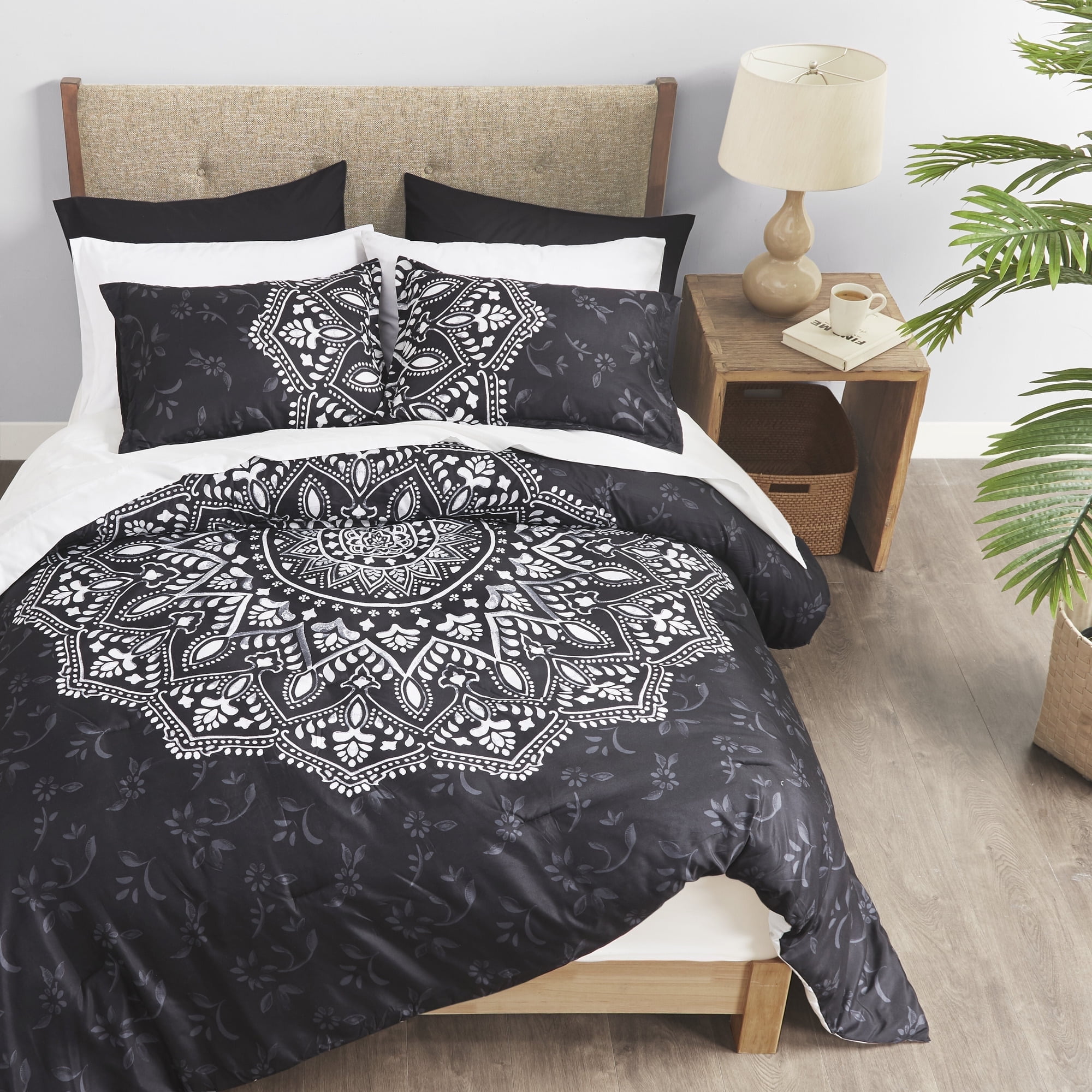 Twin XL Black Microfiber Bed in a Bag Set with Medallion Pattern