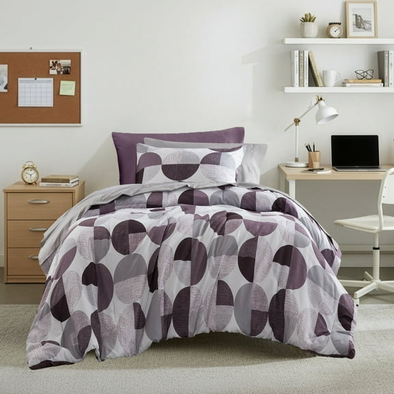 Regency Heights Twin XL Size Comforter Set, 6-Piece Bed in a Bag Twin XL, Round Geometric Print Bedding Comforter Set with Sheets, Purple
