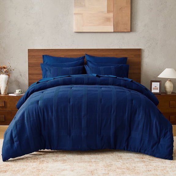 Regency Heights Twin XL Size Comforter Sets, Navy Blue Striped Woven Bed in a Bag Twin XL, 6 Pieces Bedding Comforter Set with Sheet Set for College Dorm