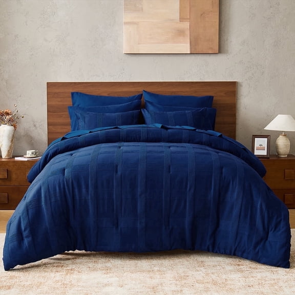 Regency Heights Twin XL Size Comforter Sets, Navy Blue Striped Woven Bed in a Bag Twin XL, 6 Pieces Bedding Comforter Set with Sheet Set for College Dorm