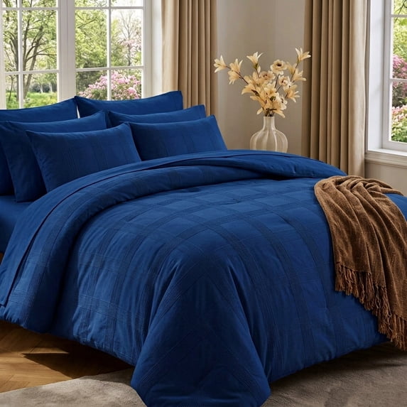 Regency Heights Twin XL Size Comforter Set – Navy Blue Striped Woven Bed in a Bag, 6-Piece Bedding set with Sheets, Machine Washable for All Seasons