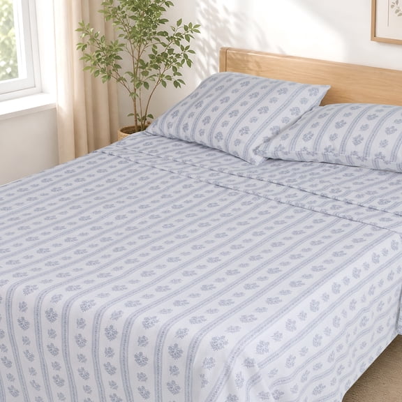 Regency Heights Twin XL Size Cotton Flannel Sheet Set, 3-Piece Flannel Bed Sheets Twin XL, 100% Cotton Bed Sheets Set with Deep Pocket, Navy Blue Floral Stripe