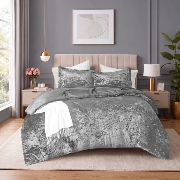 Regency Heights Luxury Velvet Comforter Set, 3-Piece Bedding, All-Season Down Alternative Bed Set with Pillow Shams, Full/Queen, Dark Core