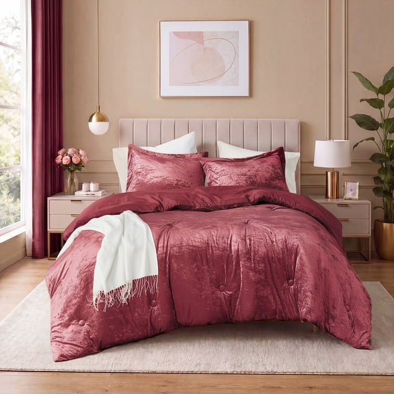 Regency Heights Luxury Velvet Comforter Set, 3-Piece Bedding, All-Season Down Alternative Bed Set with Pillow Shams, Full/Queen, Ruby Wine