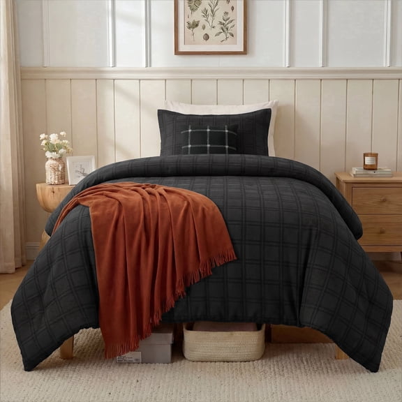 Regency Heights Waffle Weave Comforter Set with Throw Blanket, 4-Piece Textured Comforter for All Season, Twin/Twin XL Lightweight Waffle Bedding Set for Bed & Sofa Couch, Black