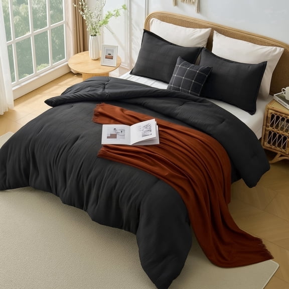 Regency Heights Waffle Weave Comforter Set with Throw Blanket, 5-Piece Textured Comforter for All Season, Full/Queen Lightweight Waffle Bedding Set for Bed & Sofa Couch, Black