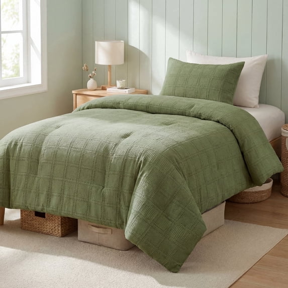 Regency Heights Waffle Weave Comforter Set, Twin/Twin XL Size Textured Comforter Bed Set for Dorm, 2-Piece Lightweight Bedding Set with Pillow Sham for All Season, Green