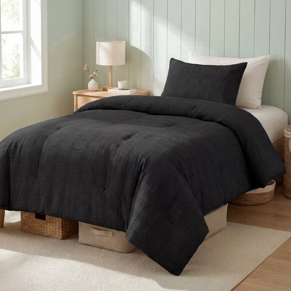 Regency Heights Waffle Weave Comforter Set, Twin/Twin XL Size Textured Comforter Bed Set for Dorm, 2-Piece Lightweight Bedding Set with Pillow Sham for All Season, Black
