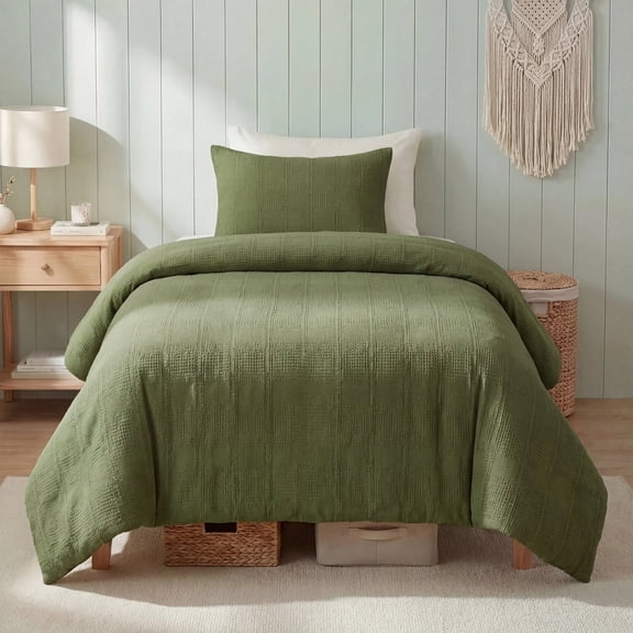Regency Heights Waffle Weave Duvet Cover Set Twin/Twin XL Size, Breathable Duvet Cover Set for All Season, 2-Piece Textured Bedding Set with Pillow Sham, Green