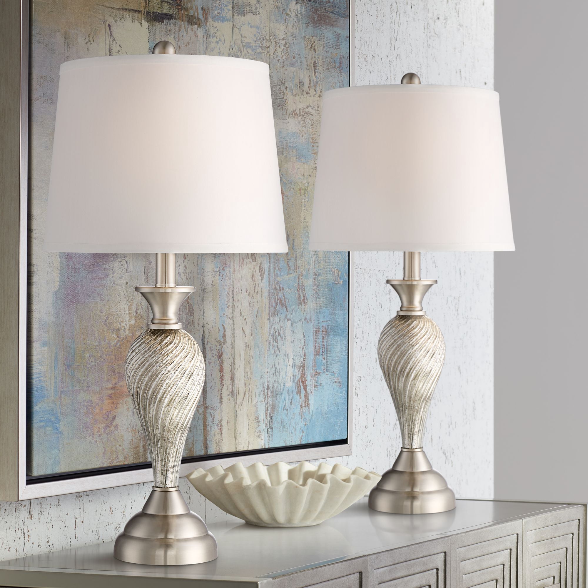Regency Hill Arden 25" High Modern Table Lamps Set of 2 Table Top Dimmer Silver Brushed Nickel Finish Mercury Glass Living Room