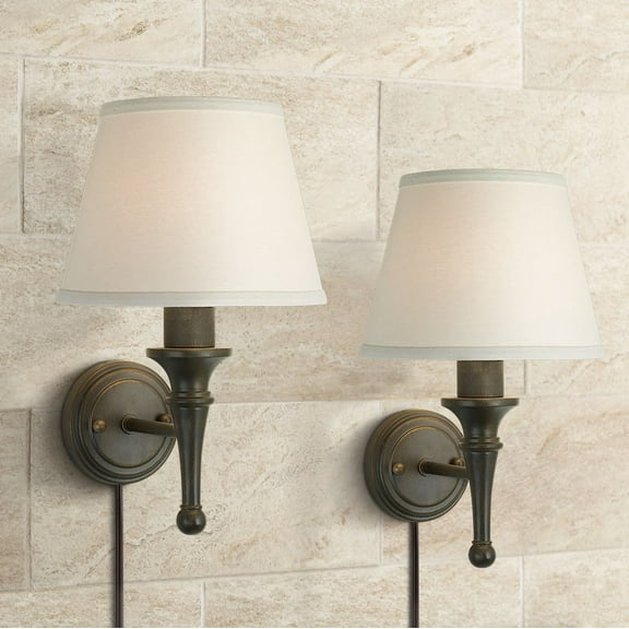Regency Hill Braidy Rustic Wall Light Sconces Set of 2 Bronze Plug-in 7" Light Fixture Ivory Cotton Shade for Bedroom Reading Living Room Hallway Home