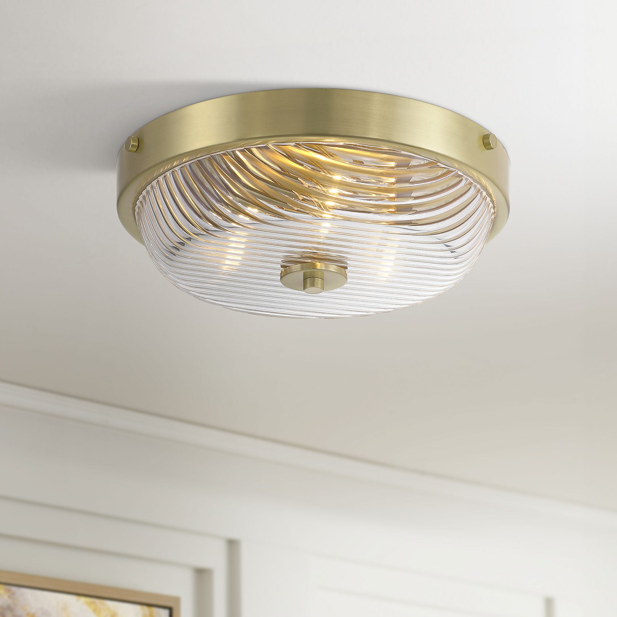 12" Round Brass and Glass Flush-Mount Ceiling Light Fixture