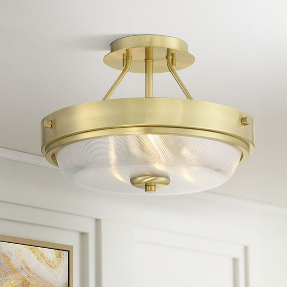 Regency Hill Carmine 13" Modern Semi Flush-Mount Ceiling Light Fixture Kitchen Foyer Hallway Round Brass Finish Glass Bedroom