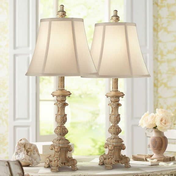 Regency Hill Elize Traditional Table Lamps 26 1/2" High Set of 2 Whitewashed Candlestick with Table Top Dimmers Beige Shade for Bedroom Living Room