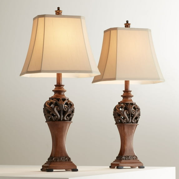 Regency Hill Exeter Traditional Table Lamps 30" Tall Set of 2 Bronze Wood Carved Leaf with Table Top Dimmers Cream Rectangular Shade for Living Room