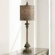 Regency Hill French Buffet Table Lamp Beige Scroll Metal Lattice Candlestick Framed Cylinder Shade for Dining Room