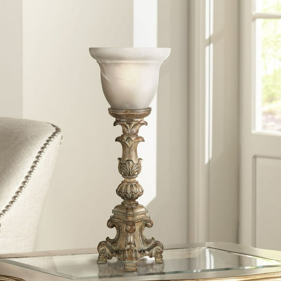 Regency Hill French LED Uplight Desk Table Lamp 18" High Beige Wash Candlestick Alabaster Glass Shade for Bedroom Bedside Office