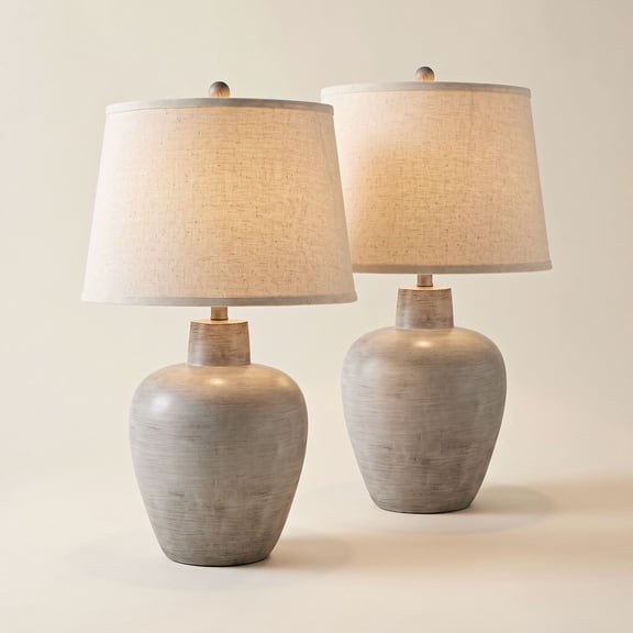 Regency Hill Glenn Rustic Country Cottage Table Lamps 27" Tall Set of 2 Brushed Gray Terra Cotta Beige Fabric Shade for Bedroom Living Room Nightstand