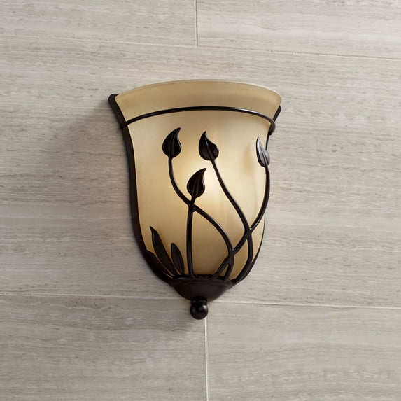 Regency Hill Leaf and Vine Pocket Farmhouse Rustic Wall Light Sconce Bronze Hardwire 8 1/2" Fixture Rimmed Amber Glass for Bedroom Bedside Bathroom