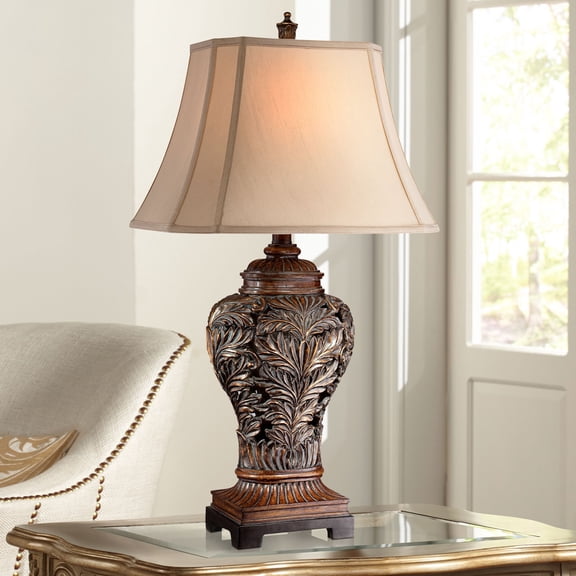 Regency Hill Leafwork Traditional Table Lamp 32 1/2" Tall Bronze with USB Dimmer Cord Tan Rectangular Shade for Bedroom Living Room Bedside Office