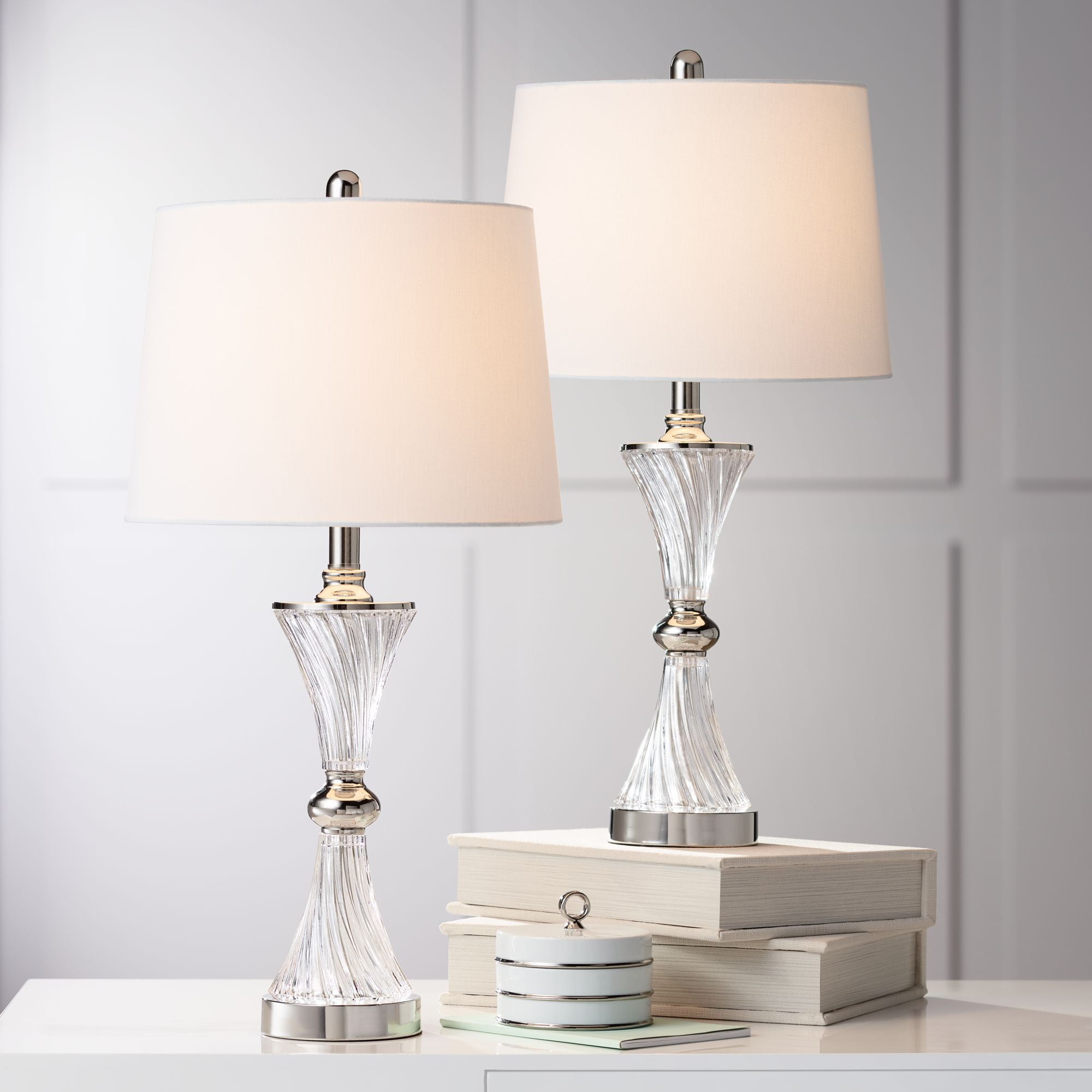 Regency Hill Luca Modern Table Lamps 25 1/2" High Set of 2 Twisted Glass with USB Charging Port White Drum Shade for Bedroom Living Room Office Desk