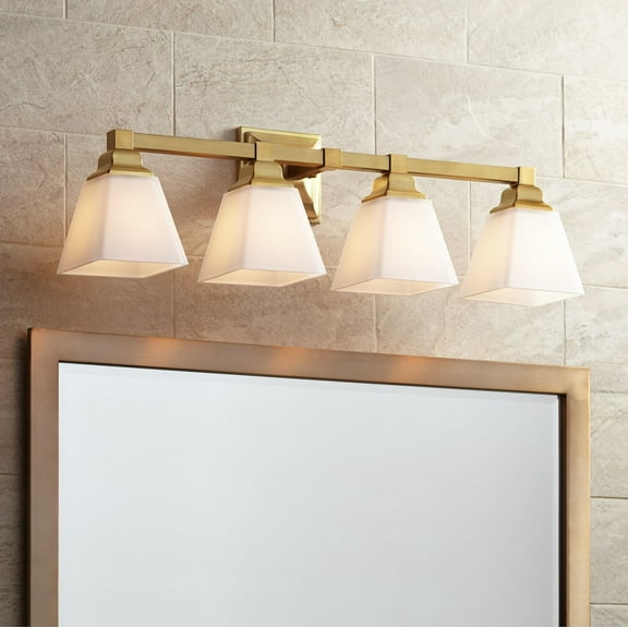 Regency Hill Mencino Modern Wall Light Warm Brass Hardwire 28" 4-Light Fixture Etched Opal Glass Shade for Bedroom Bathroom Vanity Living Room House