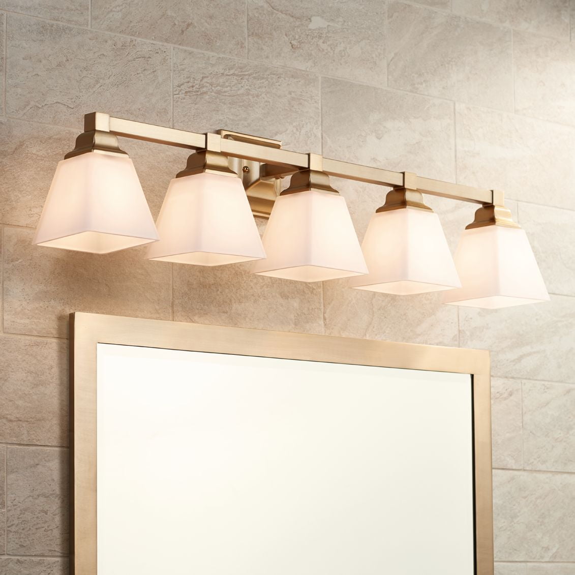 Regency Hill Mencino Modern Wall Light Warm Brass Hardwire 35 1/4" 5-Light Fixture Etched Opal Glass Shade for Bedroom Bathroom Vanity Living Room