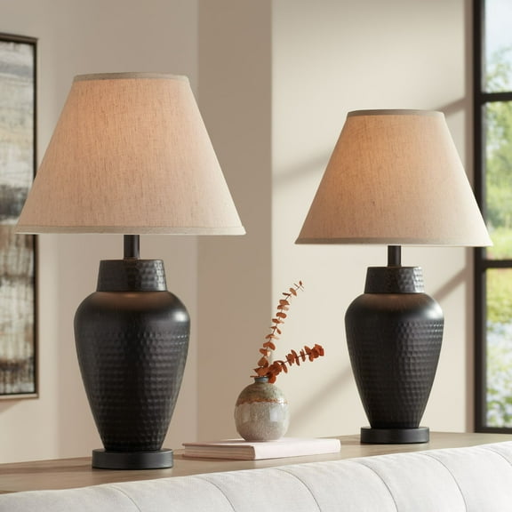 Regency Hill Modern Table Lamps 25" High Set of 2 Rustic Hammered Bronze Metal Vase Natural Linen Empire Shade for Living Room Bedroom