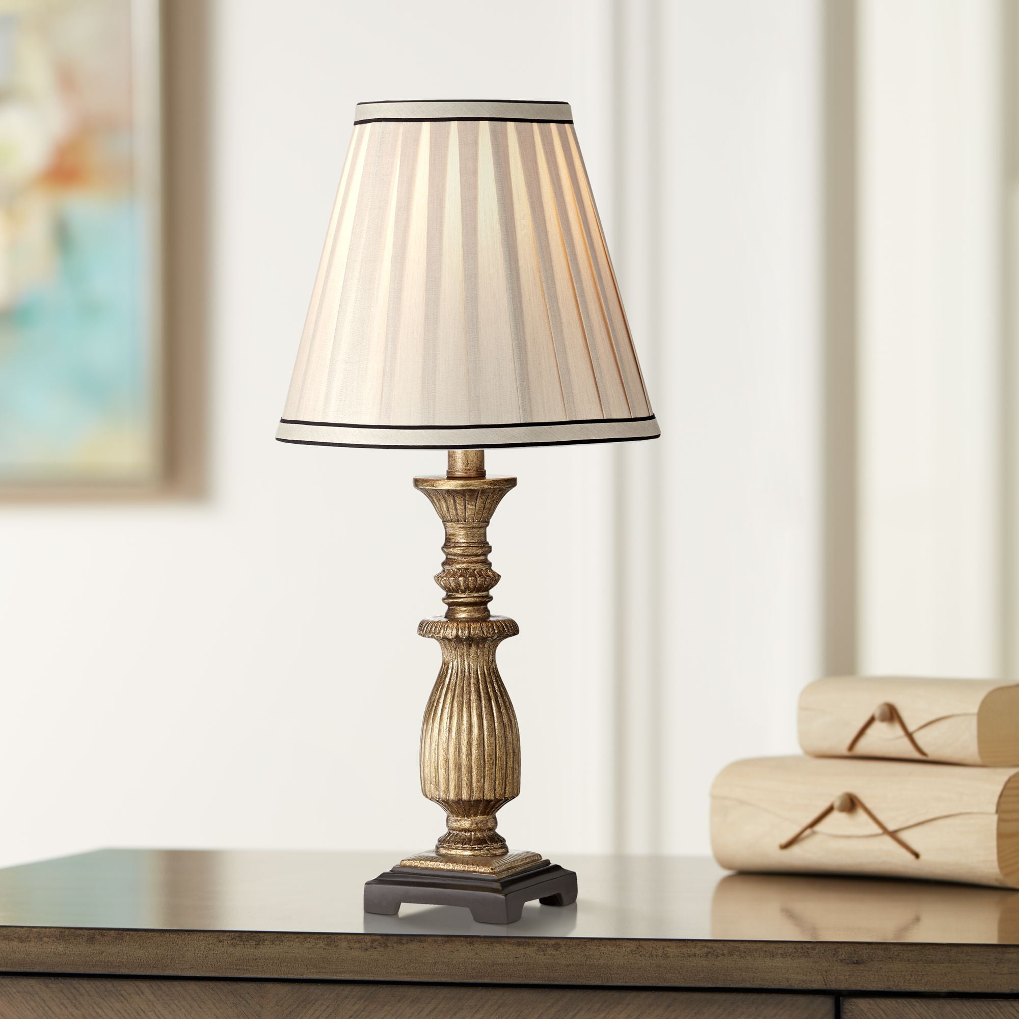 Antique Gold and Black Ribbed Table Lamp with Beige Fabric Shade
