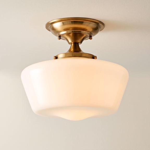 Regency Hill Rustic Farmhouse Ceiling Light Semi Flush Mount Fixture 12" Wide Soft Gold Opal White Glass for Bedroom Kitchen Living Room Hallway House