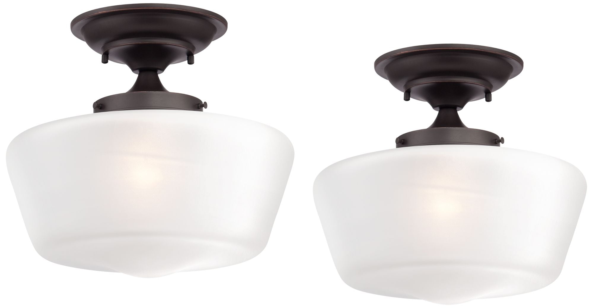 Regency Hill Schoolhouse Rustic Farmhouse Ceiling Light Semi Flush Mount Fixture 12" Set of 2 Bronze Metal White Glass Shade for Bedroom