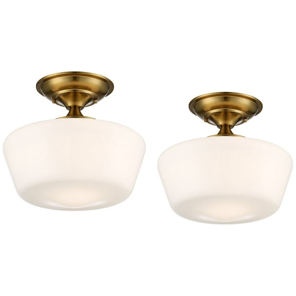 Regency Hill Schoolhouse Rustic Farmhouse Ceiling Light Semi Flush Mount Fixture 12" Set of 2 Soft Gold Metal White Opal Glass for Bedroom