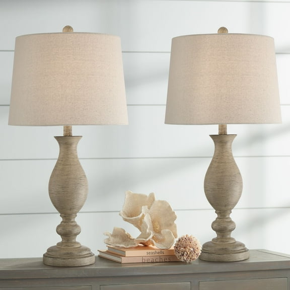 Regency Hill Serena Country Cottage Table Lamps 27 1/2" Tall Set of 2 Beige Gray Oatmeal Fabric Drum Shade for Bedroom Living Room Bedside Nightstand