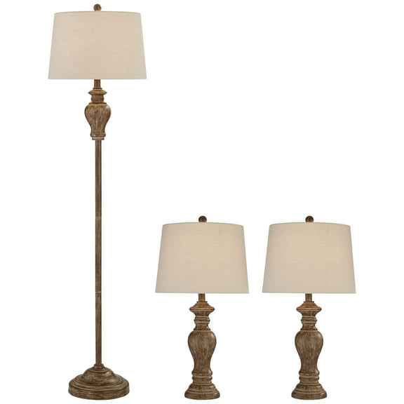 Regency Hill Sutton Traditional Table and Floor Lamp Set Brown Faux Walnut Wood Finish Off-White Shade Living Room Bedroom Bedside