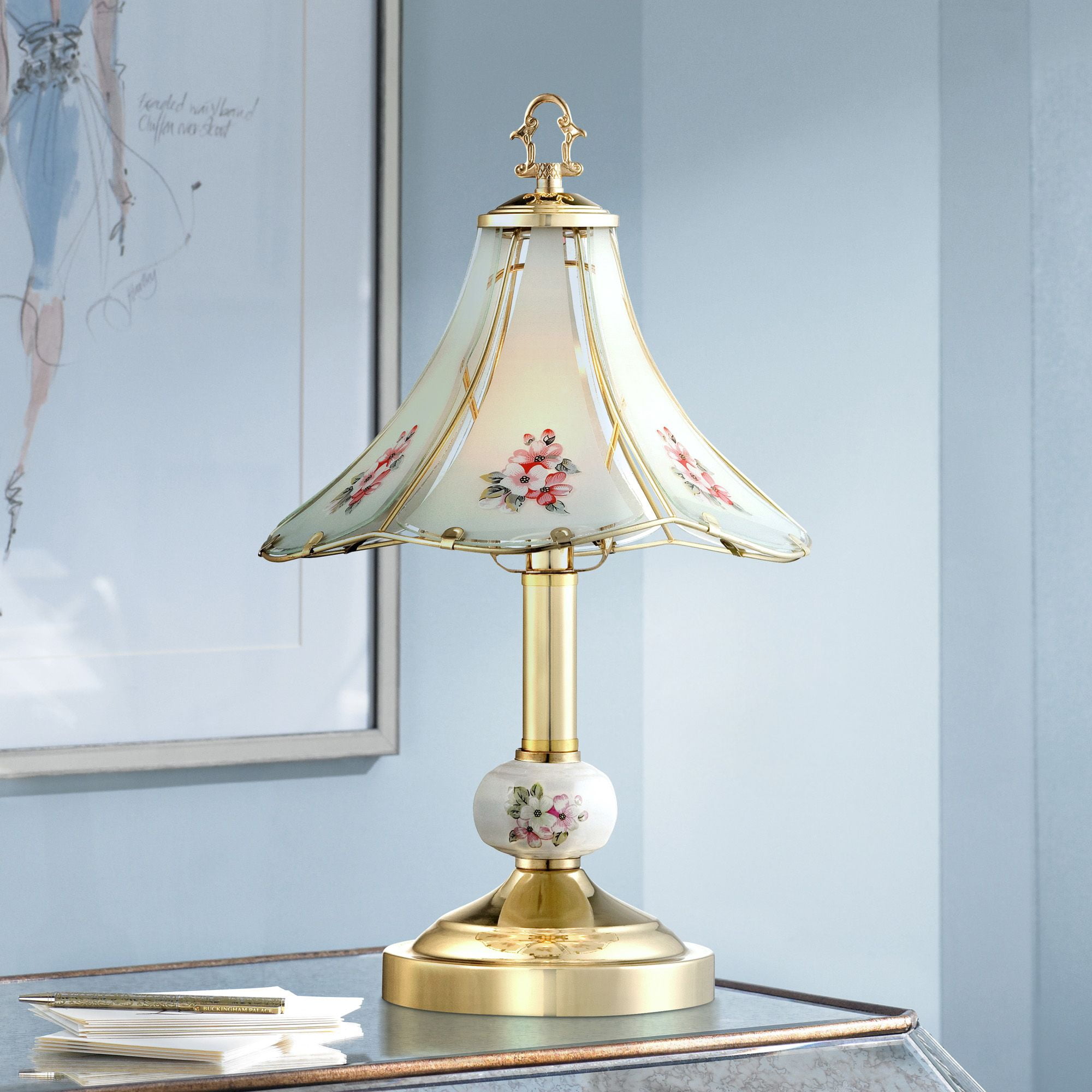 Regency Hill Traditional Accent Table Lamp 16" High Polished Brass Floral Glass Shade Touch On Off for Bedroom House Bedside Home