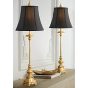 Regency Hill Traditional Buffet Table Lamps 36.5" Tall Set of 2 Gold Intricate Details Black Fabric Bell Shade for Dining Room