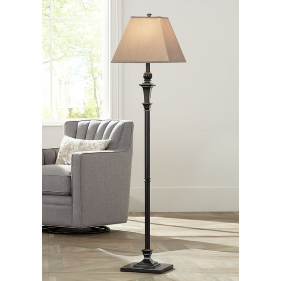 Regency Hill Traditional Floor Lamp 59" Tall Italian Bronze Taupe Faux Silk Square Hardback Shade for Living Room Reading Bedroom Office