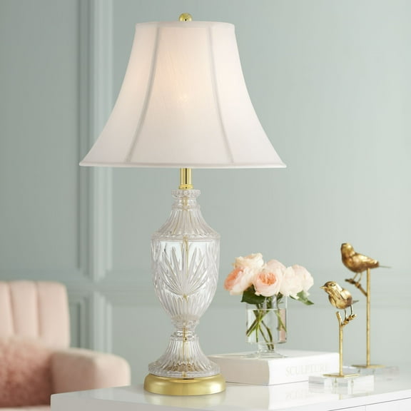 Regency Hill Traditional Table Lamp 26.5" High Cut Glass Urn Brass White Cream Bell Shade for Living Room Family Bedroom Bedside Nightstand