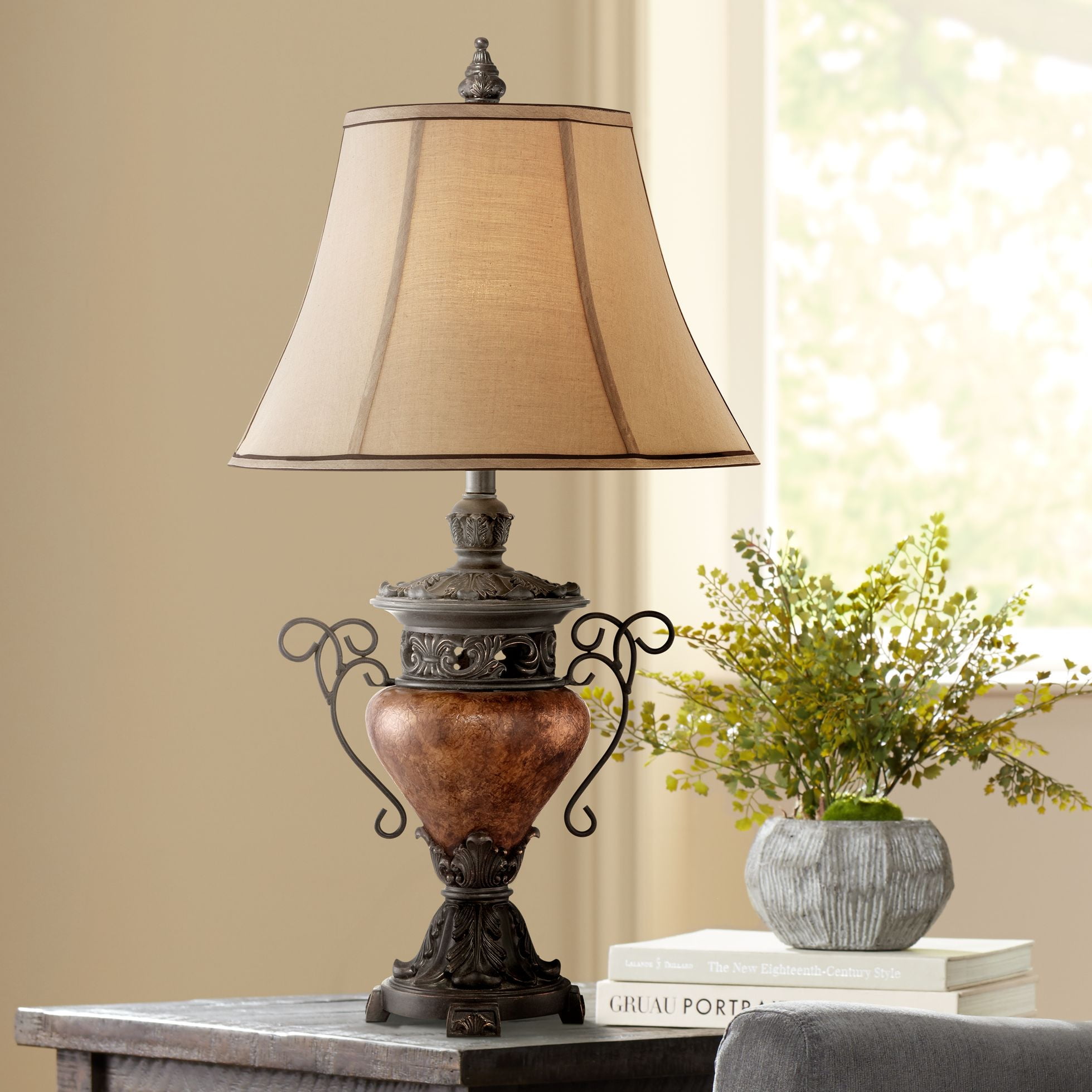 Bronze Crackle Urn Table Lamp with Faux Silk Shade
