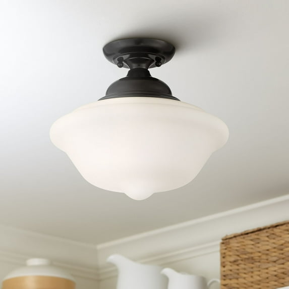 Regency Hill Vintage Rustic Farmhouse Ceiling Light Semi Flush Mount Fixture 13" Wide Gloss Black Flush White Glass Shade for Bedroom Living Room