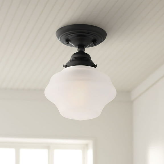 Regency Hill Vintage Rustic Farmhouse Ceiling Light Semi Flush Mount Fixture 7" Wide Gloss Black White Frosted Glass for Bedroom Kitchen Living Room