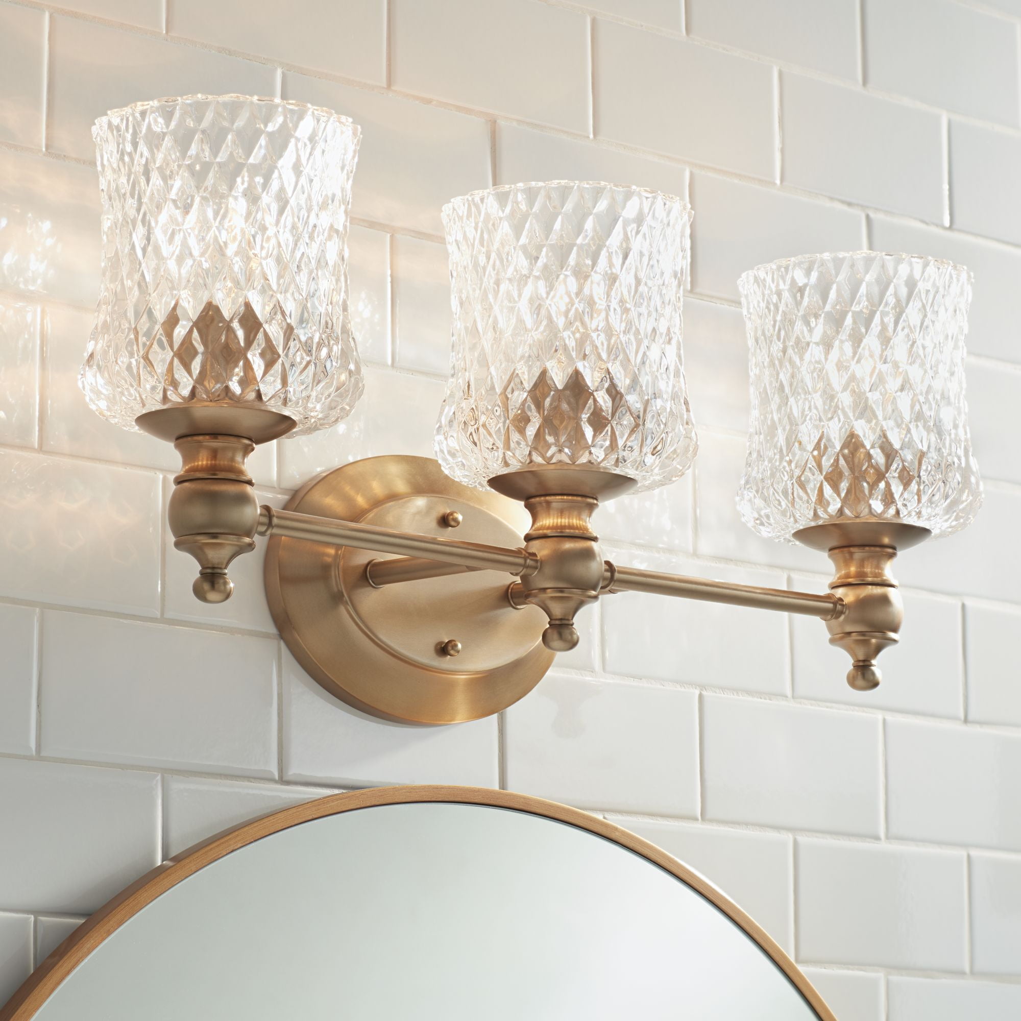 Stiffel Wall Light Warm Brass Hardwired 23 1/4" Wide 3-Light Fixture Clear Cut Textured Glass for Bathroom Vanity Mirror