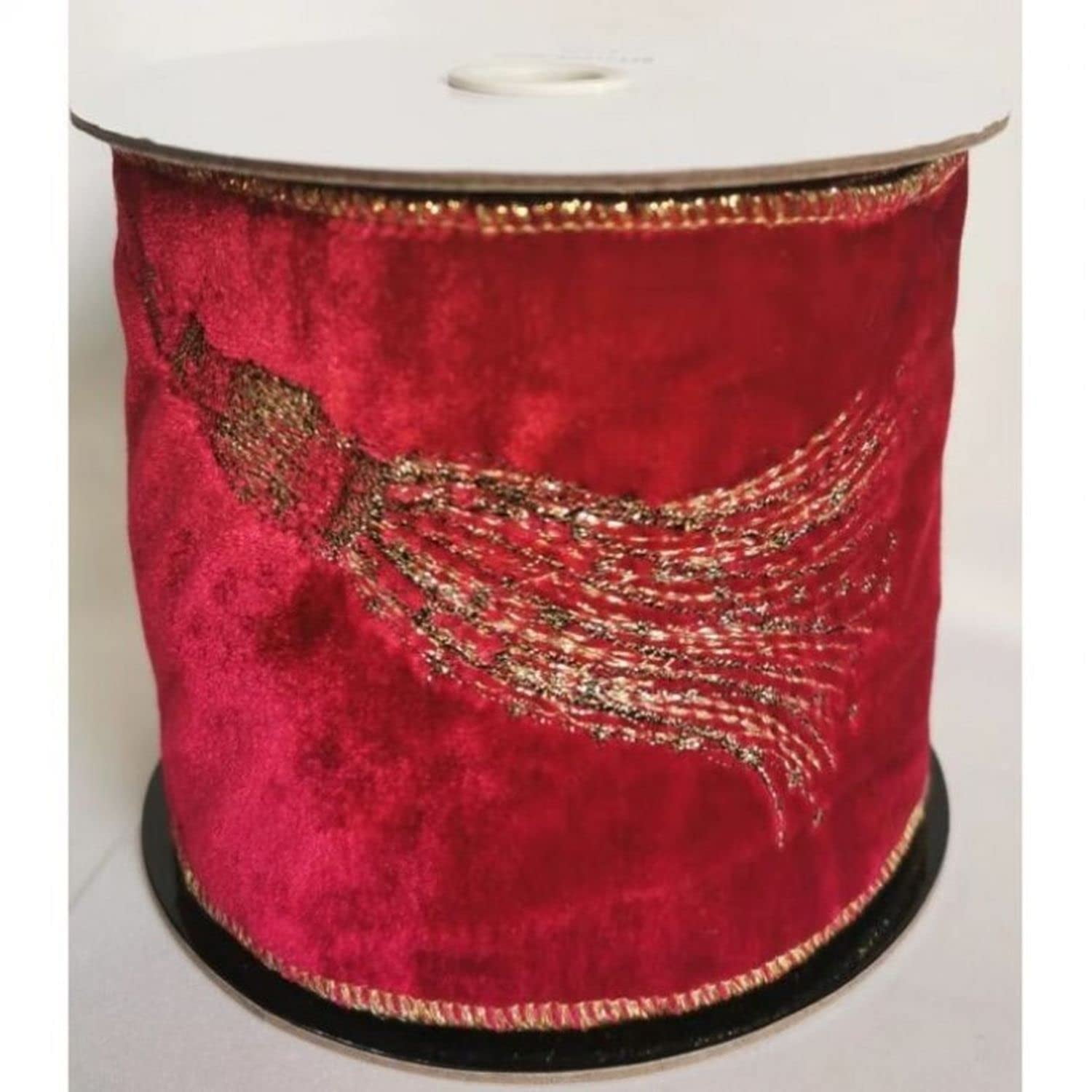 Regency International 4"X5Y Velvet with Tassel Design Ribbon, Burgundy Gold
