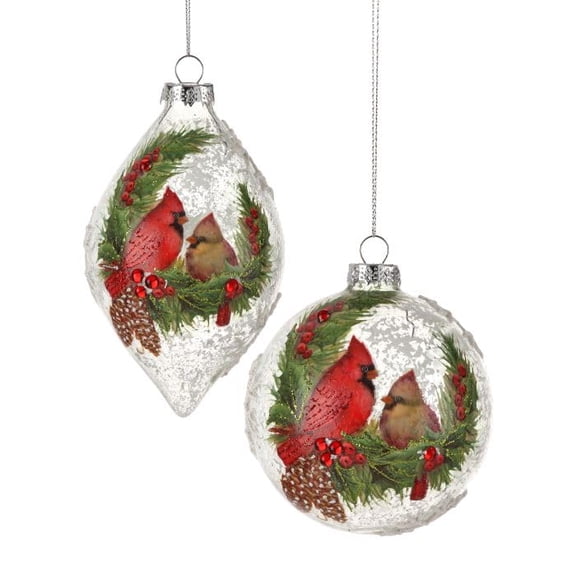 Regency International Glass Cardinal Pine Ball Finial Ornament, Set of 2, 45.5-Inch, Red Green