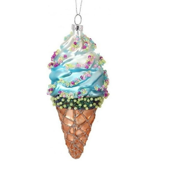 Regency International Glass Soft Swirl Ice Cream Cone with Sprinkles Ornament 6 Inches (Blue)