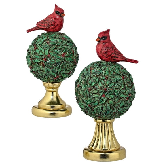 Regency International Resin Holly Ball Topiary with Cardinals, Set of 2, Red Green Gold, Home Decor and Accessories