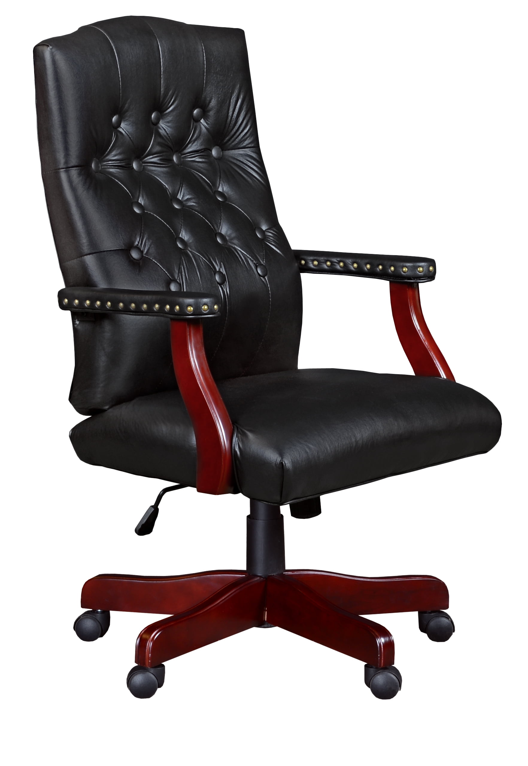 Executive High-Back Black Leather Swivel Chair with Mahogany Frame