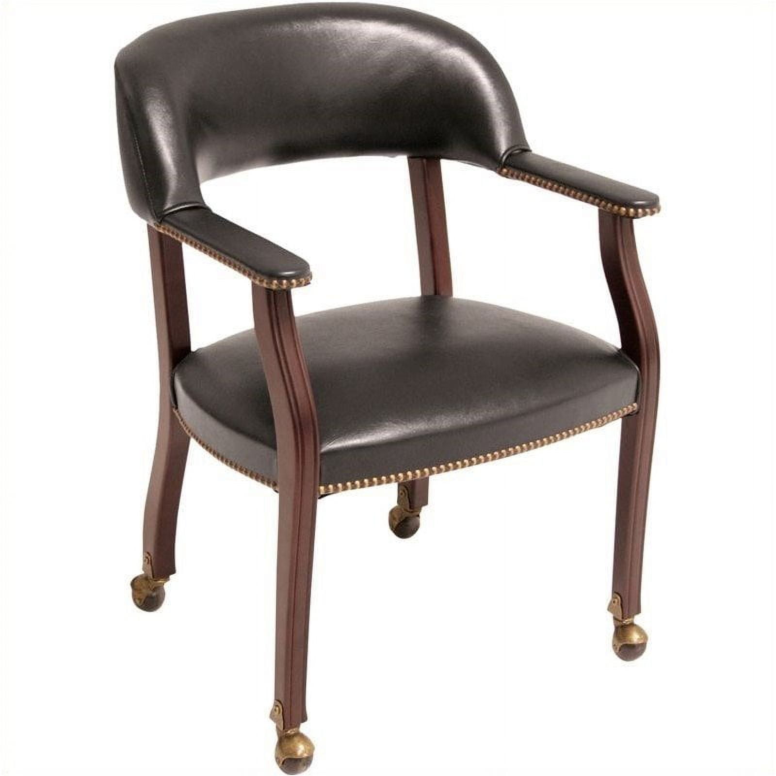 Elegant Black Vinyl and Mahogany Wood Captain Chair with Brass Casters