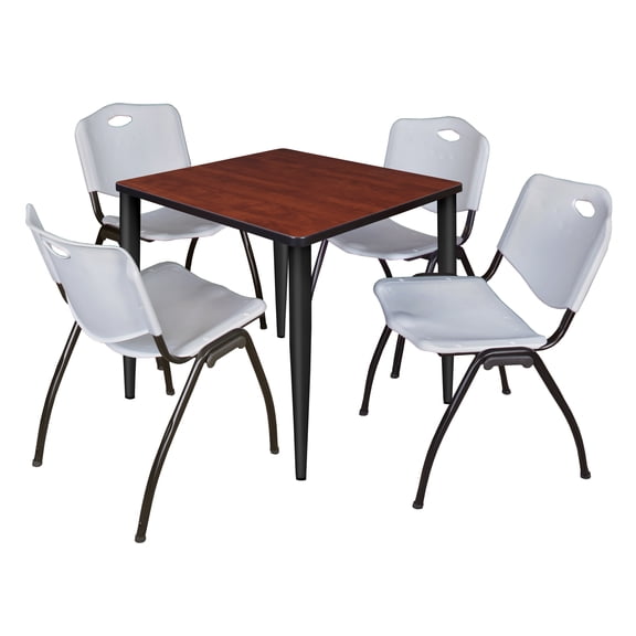 Regency Kahlo 30 in. Square Breakroom Table- Cherry Top, Black Base & 4 M Stack Chairs- Grey