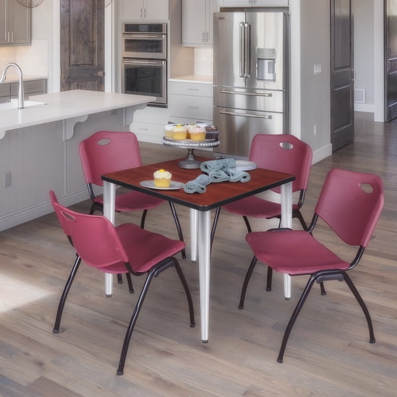 Regency Kahlo 30 in. Square Breakroom Table- Cherry Top, Chrome Base & 4 M Stack Chairs- Burgundy